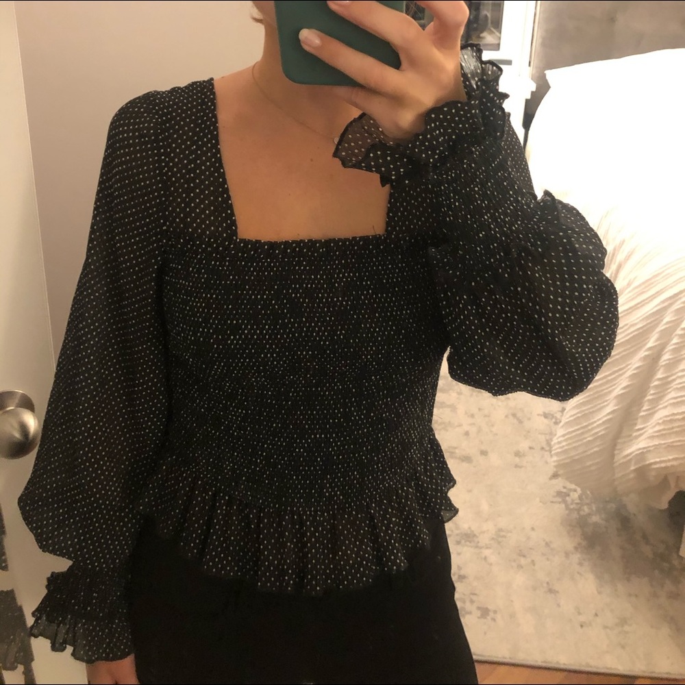 The East Order square neck, polka dot long sleeve blouse